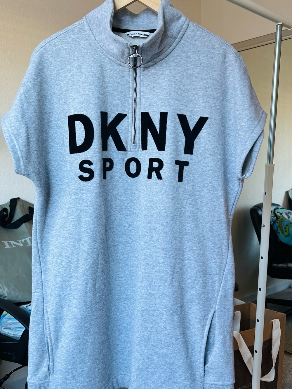 DKNY Grey Logo Zip-Neck Sweatshirt Dress